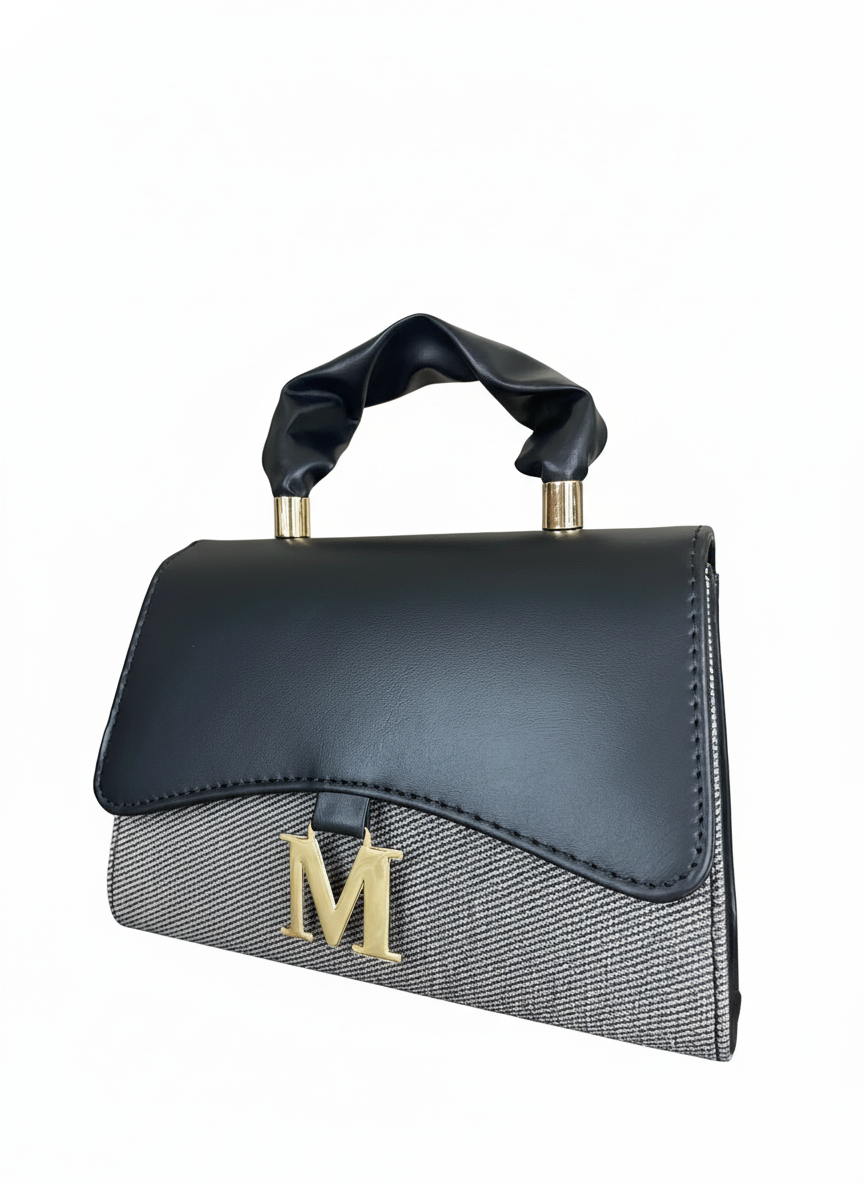 Chic Black & Grey Women's Handbag with Gold M-Emblem