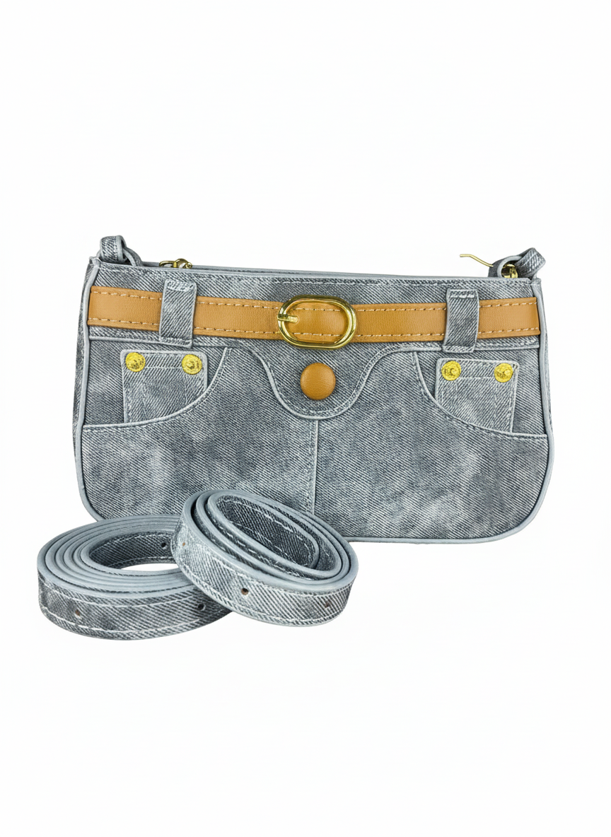 Chic Washed Denim Jean-Style Handbag with Golden Accents