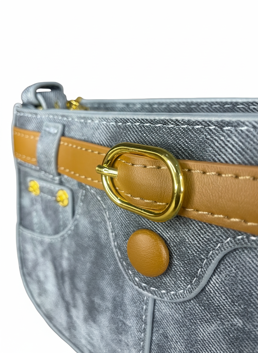 Chic Washed Denim Jean-Style Handbag with Golden Accents