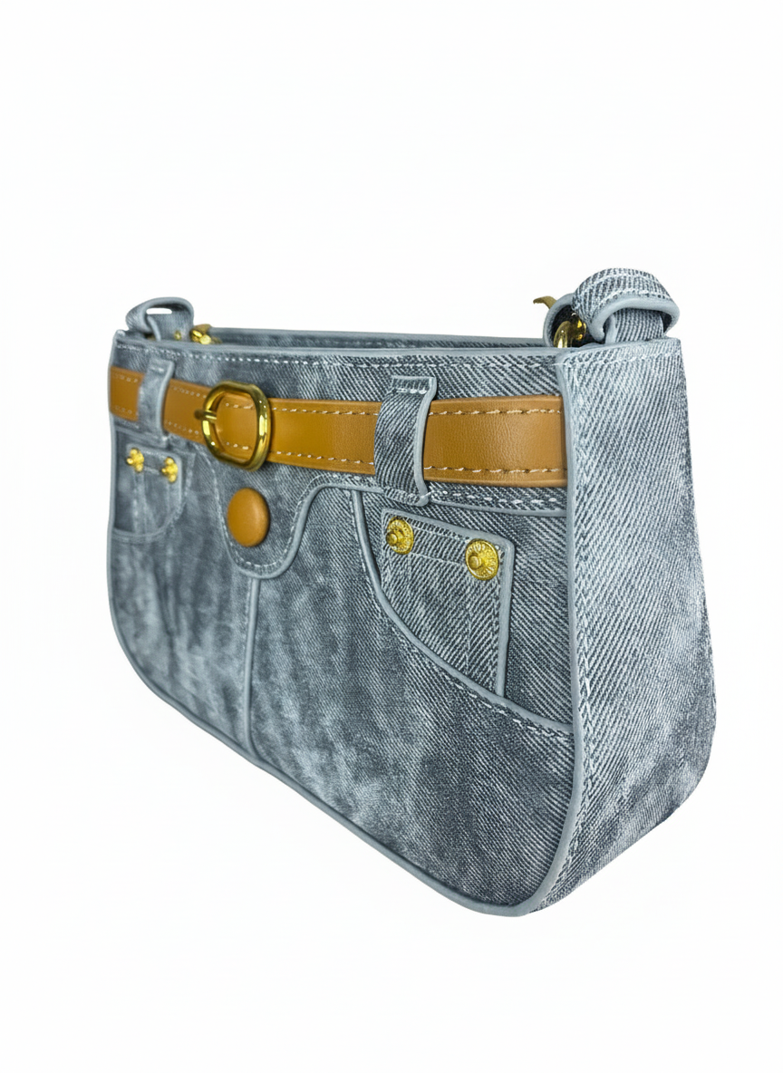 Chic Washed Denim Jean-Style Handbag with Golden Accents