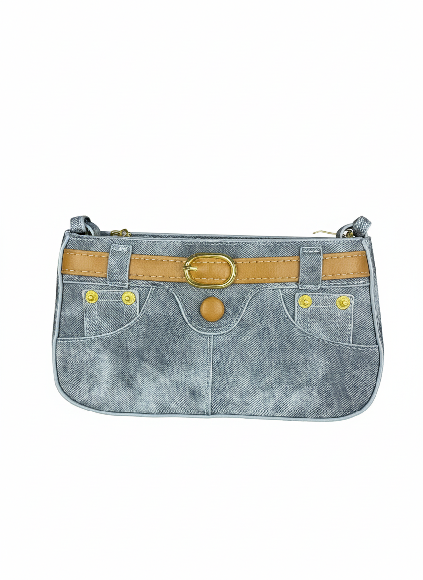 Chic Washed Denim Jean-Style Handbag with Golden Accents