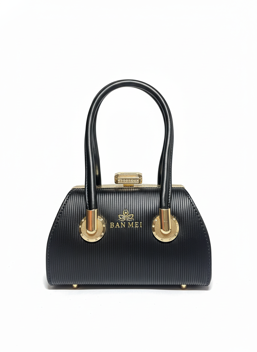 Elegant Black Textured Handbag – Premium Gold Hardware