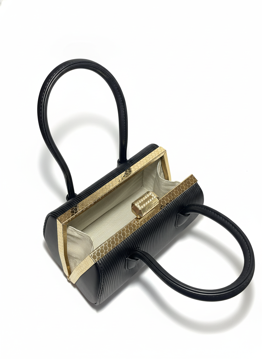 Elegant Black Textured Handbag – Premium Gold Hardware