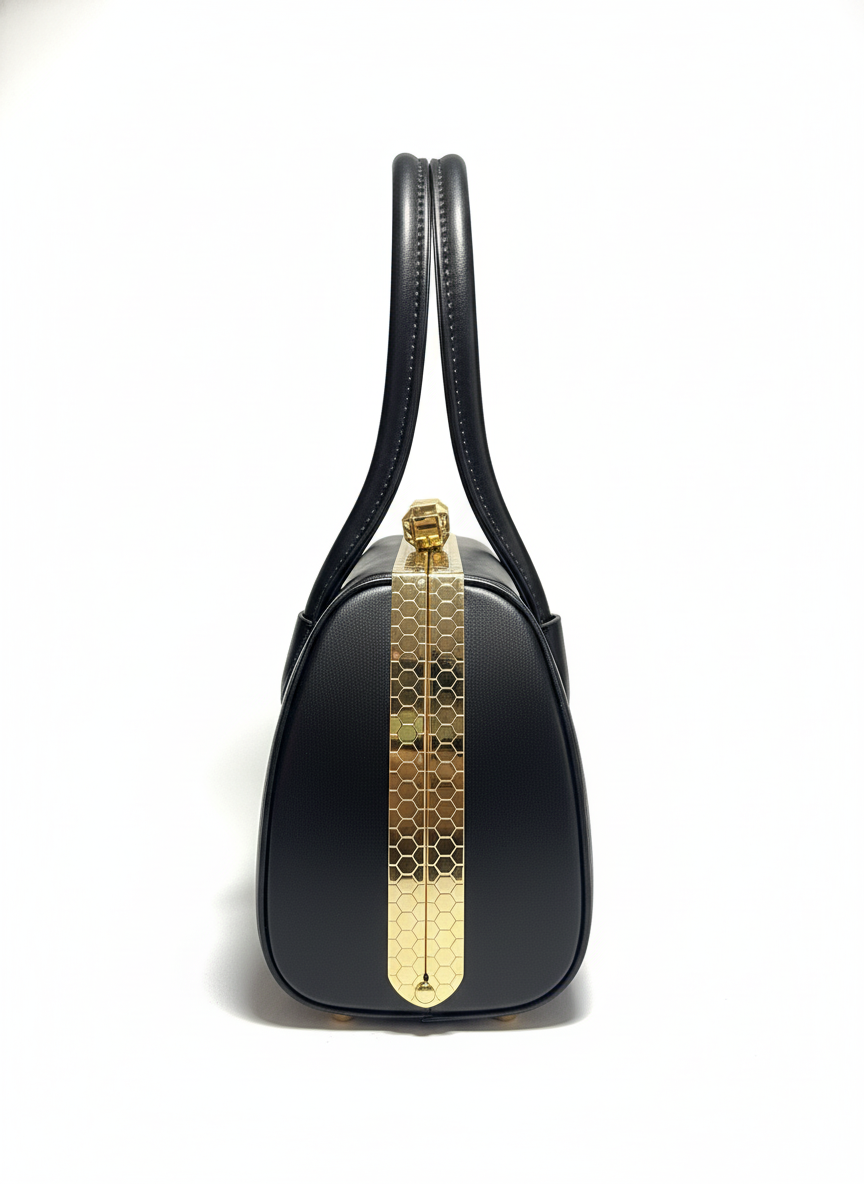 Elegant Black Textured Handbag – Premium Gold Hardware