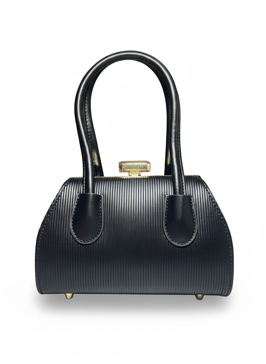 Elegant Black Textured Handbag – Premium Gold Hardware