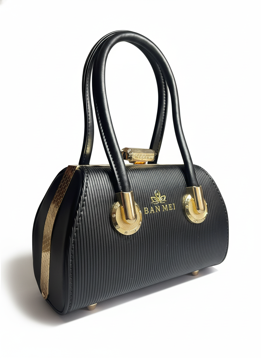 Elegant Black Textured Handbag – Premium Gold Hardware