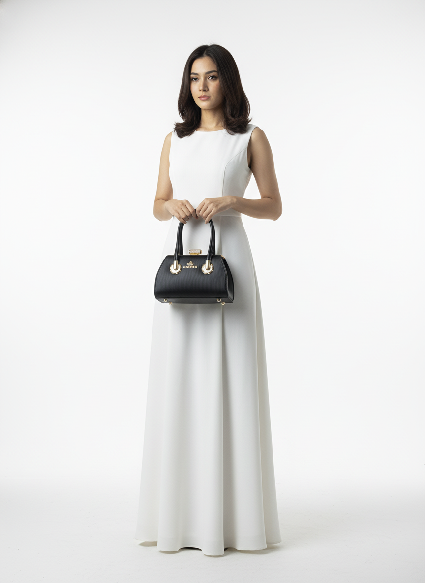 Elegant Black Textured Handbag – Premium Gold Hardware