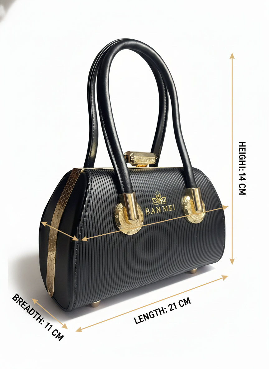 Elegant Black Textured Handbag – Premium Gold Hardware