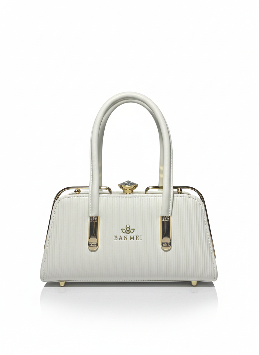 Elegant White Textured Handbag with Gold Hardware