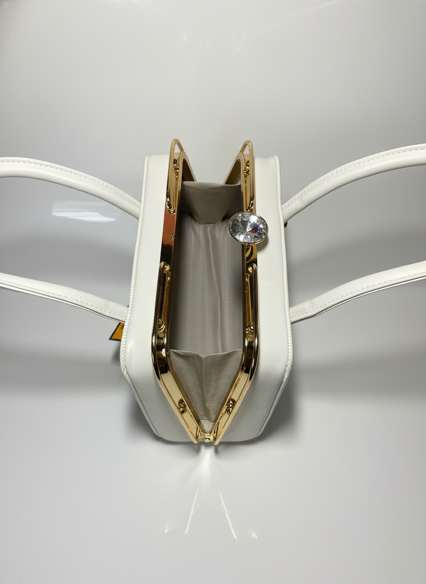 Elegant White Textured Handbag with Gold Hardware