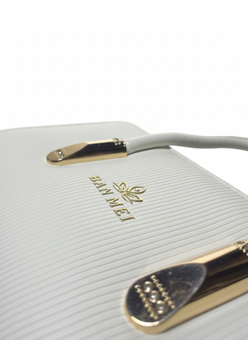 Elegant White Textured Handbag with Gold Hardware