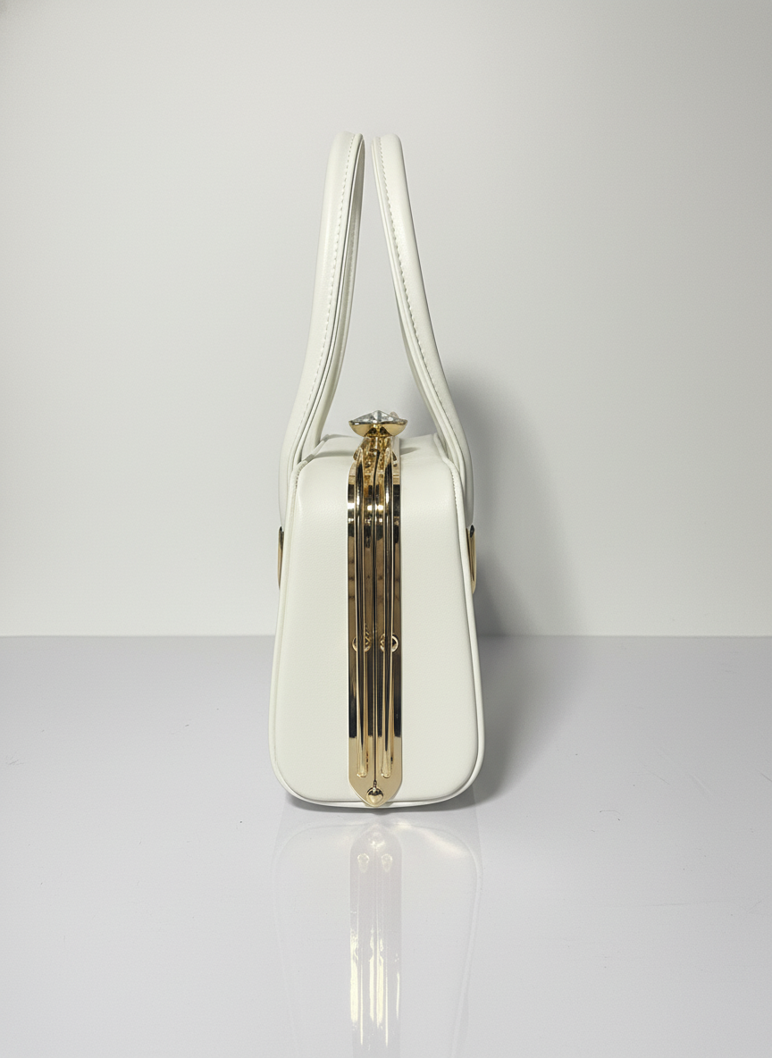 Elegant White Textured Handbag with Gold Hardware