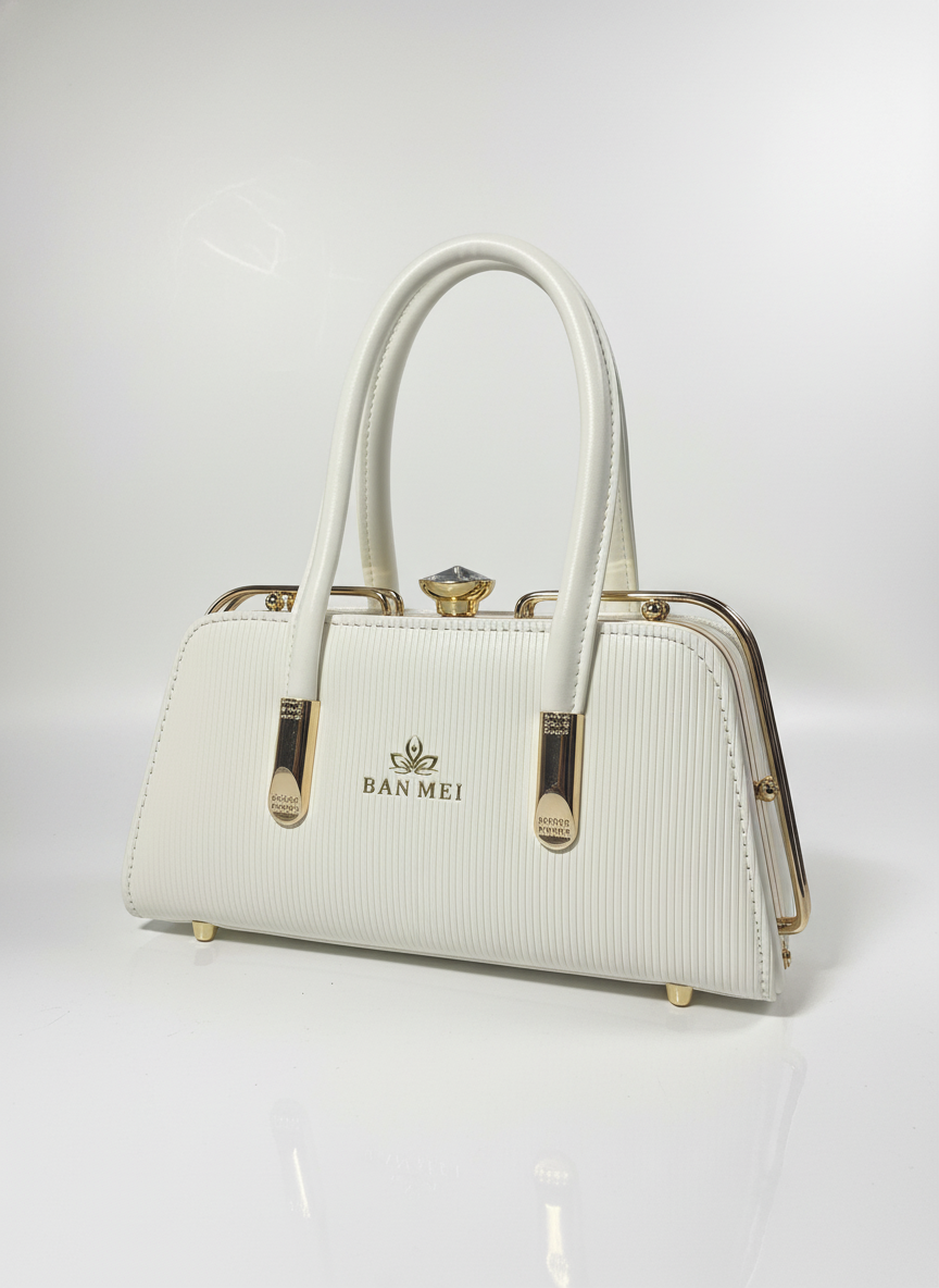 Elegant White Textured Handbag with Gold Hardware