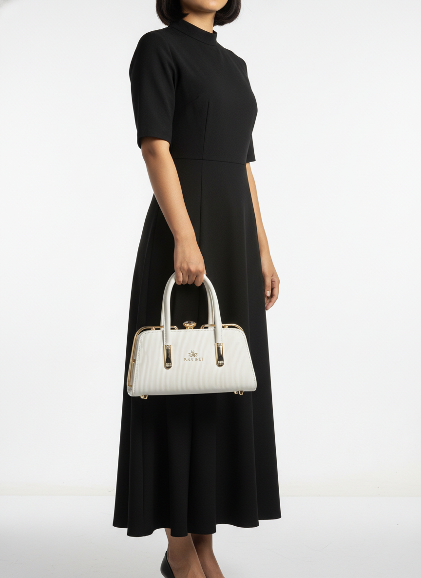 Elegant White Textured Handbag with Gold Hardware