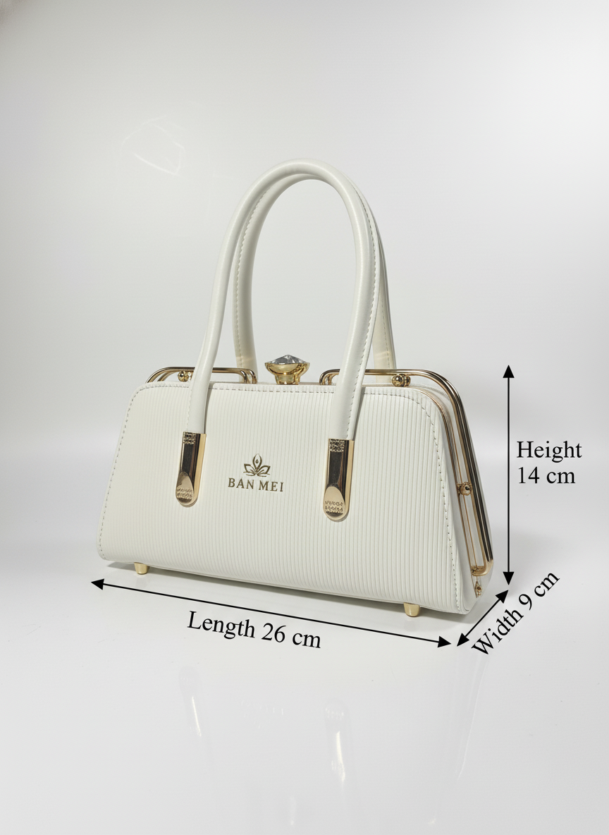 Elegant White Textured Handbag with Gold Hardware