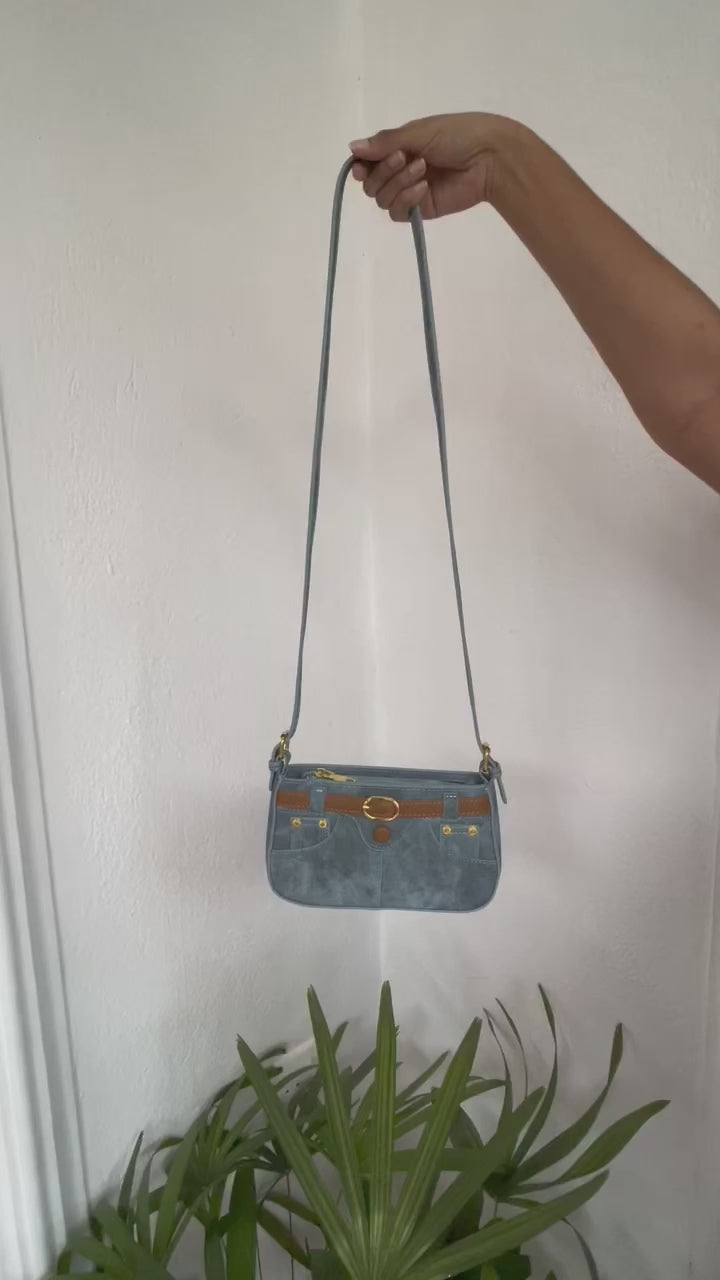 Chic Washed Denim Jean-Style Handbag with Golden Accents